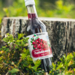 suomalainen puolukkamehu 375 ml kuvattuna metsässä puun kantoa vasten